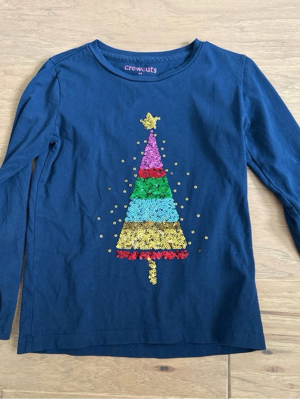 Crewcuts Girls' Navy Sequin Holiday Tree Long-Sleeve Top size S 6 7